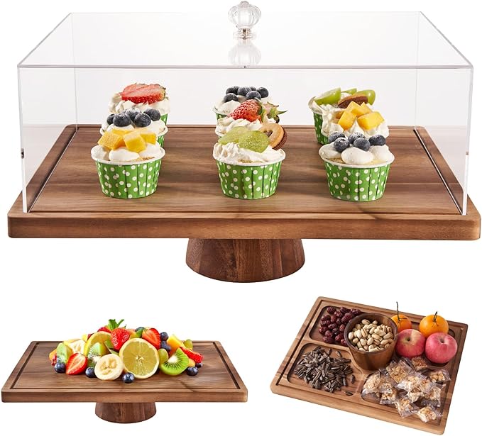 Large Cake Stand with Lid, 17″ Rectangular Multi-Functional Cake Holder, Acacia Solid Wood 2-in-1 Dessert Table Display Set, Charcuterie Board for Cheese ,Fruit Platter, Acrylic Cake Dome Cover