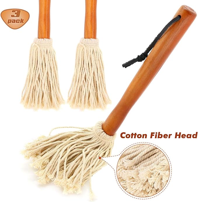16" BBQ Sauce Basting Mops & Brushes for Roasting or Grilling, Apply Barbeque, Marinade or Glazing, Cotton Fiber Head and Hardwood Handle, Dish Mop Style, Perfect for Cooking or Cleaning - Pack of 3