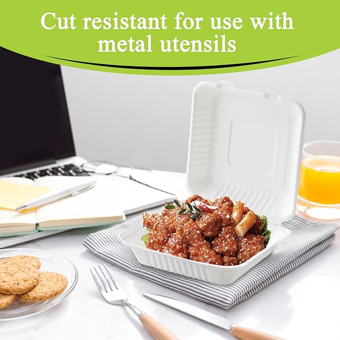 three leaf 9" X 9" 1 COMPARTMENT BAGASSE CLAMSHELL, 100 Ct. Heavy-Duty- Super Strong- Natural- Eco-Friendly Disposable Bagasse Clamshell, 100% Biodegradable 9 inch clamshell
