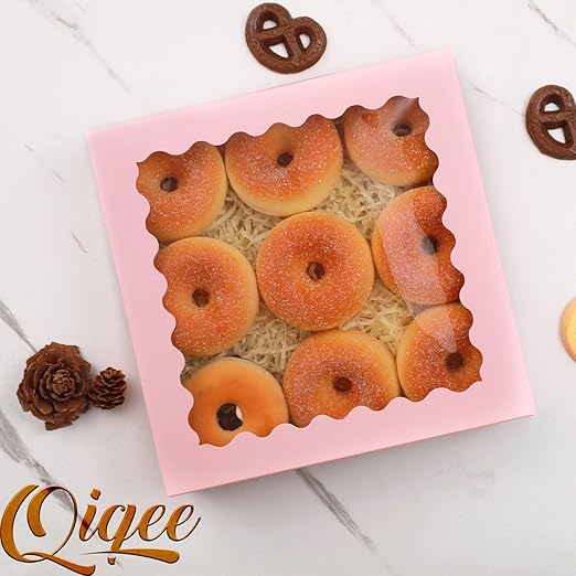 qiqee Auto-pop up Pink Bakery Boxes 50 Packs Pastry Box 8x8x2.5 inch Pie Boxes With Window