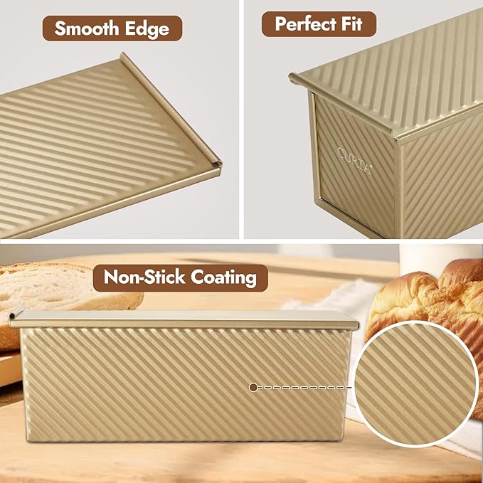 CURTA Commercial Pullman Loaf Pan with Lid 2.2 lb Dough Capacity Non-Stick Bakeware for Baking Bread Corrugated Bread Toast Box Mold extra large loaf pan Champagne Gold 2pcs