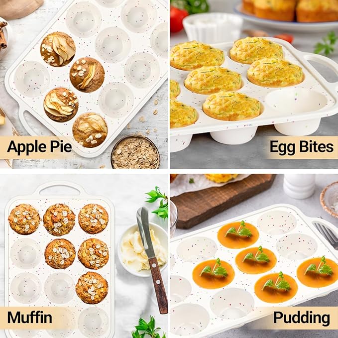 FUNBAKY Silicone Muffin Pans for Baking, Metal Reinforced Frame 12 Cups Regular Size Silicone Cupcake Pan Nonstick Muffin Tin for Baking Muffin, Cupcake, Frittatas,BPA Free, Dishwasher Safe