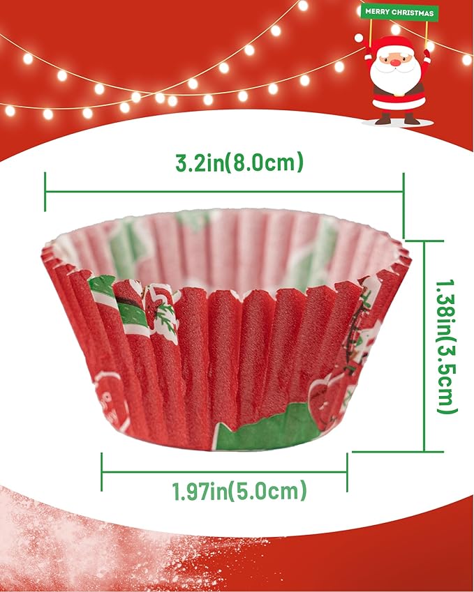 Standard 200 Pcs Christmas Cupcake Liners with 12 Pcs Cupcake Toppers, Christmas Muffin Liners, Baking Cups for Xmas Holiday Party Favors