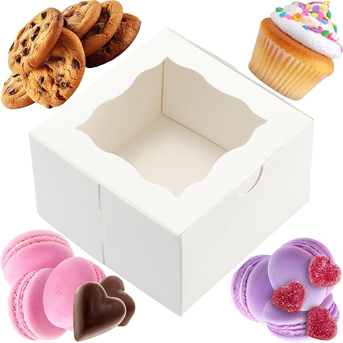 BAKELUV 25pcs White Small Cookie Boxes with Window, 4x4x2.5 Inches Bakery Boxes, Mini Cake, Treats, Macaron Packaging, Individual Cupcake, Gift Giving