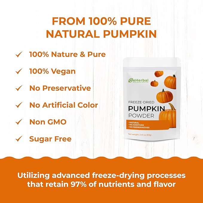 eHerbal Pure Freeze-Dried Pumpkin Powder, 2.43 oz – 100% Natural Pumpkin, No Additives or Preservatives, Non-GMO, Gluten-Free, for Baking, Cooking, Smoothies Versatile for Vegans and Vegetarians