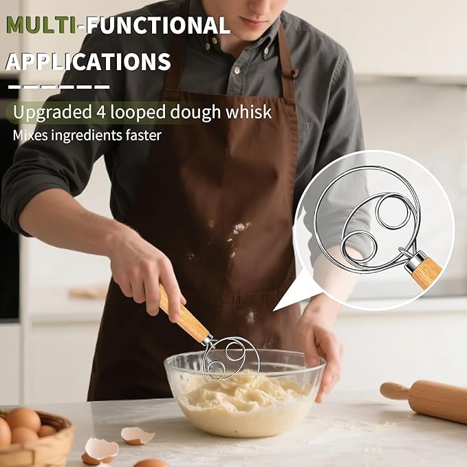 Hand Whisk Stainless Steel Dough Hook Dutch Whisk for Sourdough Bread Dough Mixer Hand Wooden Handle Kitchen Whisking Mixing Tool Bread Making Tools (two eyes)