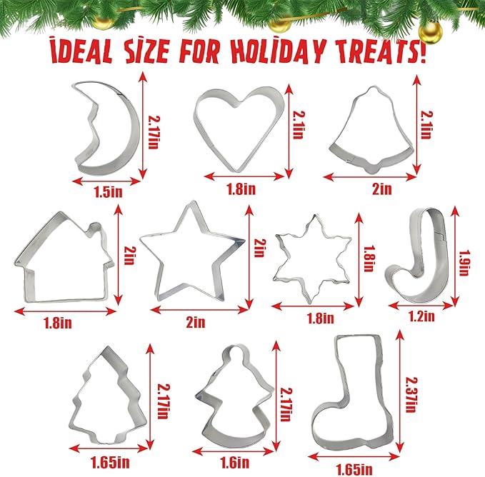 Christmas Cookie Cutter Set 10 Pack Small Stainless Steel Holiday Shapes (Boots, Bells, Candy Canes, Trees, etc.) for DIY Baking Decorations, Cookies, Fondant, Gingerbread, Holiday Gifts