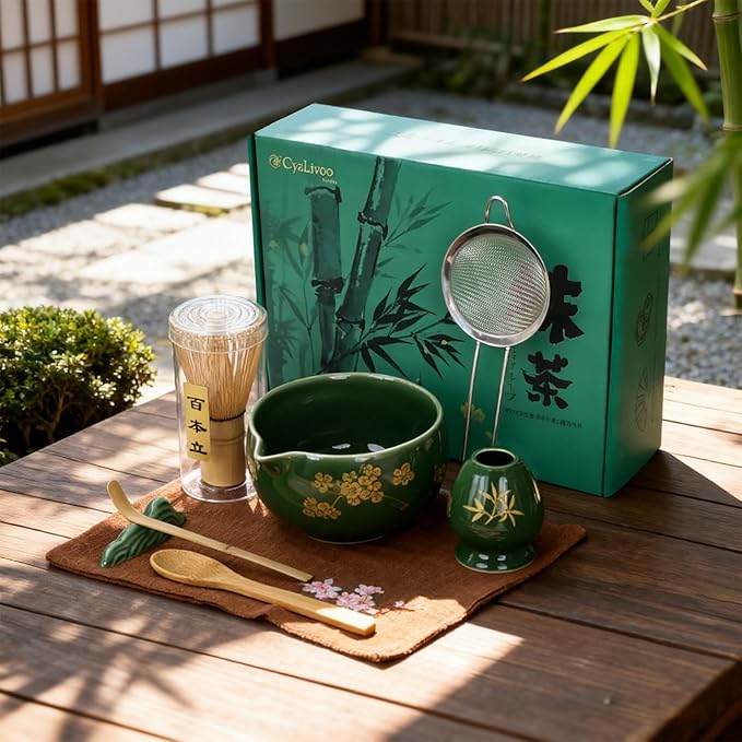 Matcha Whisk Set, Complete 8 Pcs Matcha Kit for Japanese Tea Ceremony, Ceramic Bowl with Spout, Bamboo Whisk, Spoon, Scoop, Sifter, Christmas Gift for Beginners and Matcha Lovers(Green)