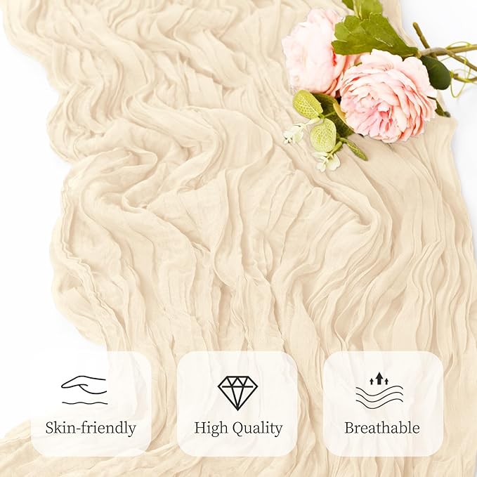 12 Pack Ivory Cheesecloth Table Runner 17x108 Inch Semi Sheer Boho Gauze Cheese Cloth Fabric Table Runners, for Wedding Party Baby Shower Birthday Home Decor Garden Farmhouse