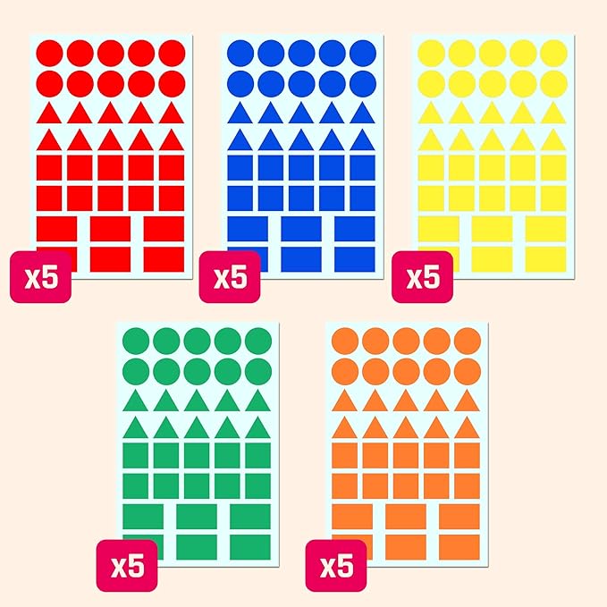 900 Pack - Colored Shape Stickers Labels, 3/4" - 4 Shapes, 5 Colors
