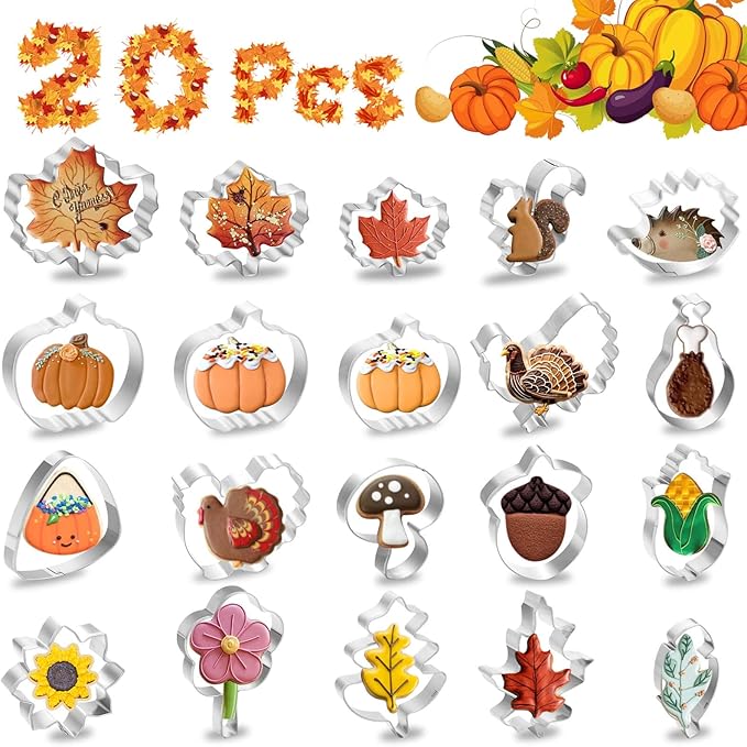 Lezmarket 20Pcs Fall Thanksgiving Cookie Cutters Set, Holiday Cookie Cutters Stainless Steel Baking Supplies for Thanksgiving Cookie Sandwich - Pumpkin Maple Leaf Flower Squirrels Turkey Corn