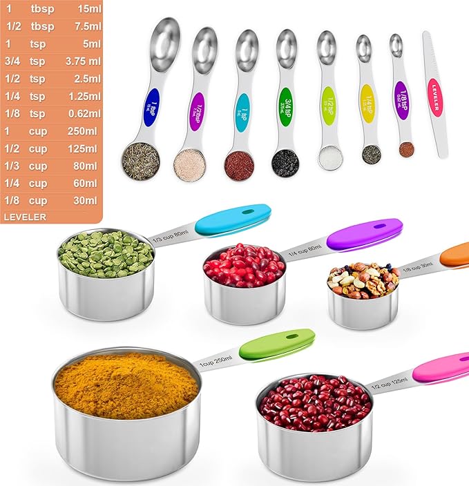 13PCS Magnetic Measuring Cups and Spoons Set - 7 Double-Sided Stainless Steel Magnetic Measuring Spoons & 1 Leveler + 5 Stainless Steel Measuring Cups - Kitchen Baking Tools for Cooking