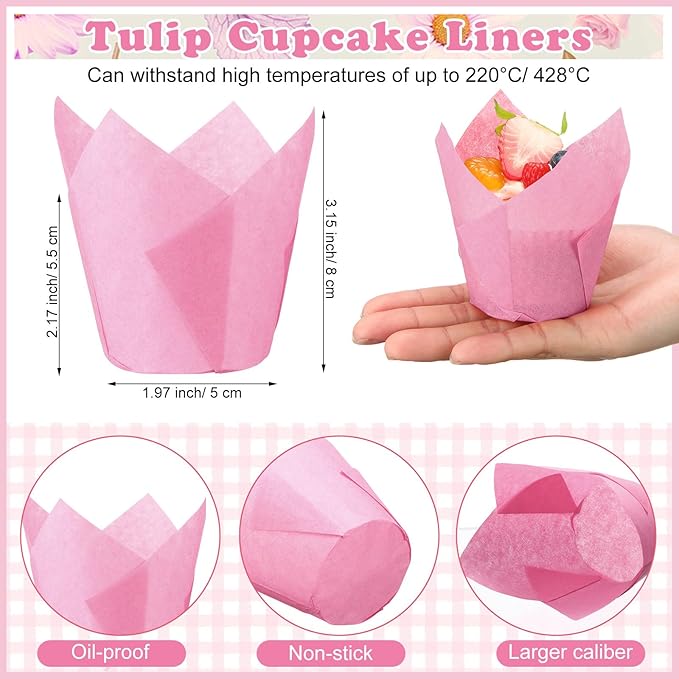 Yaomiao 600 Pcs Tulip Cupcake Liners Greaseproof Paper Tulip Muffin Liners Baking Cups Cupcake Wrappers Holders for Weddings Birthdays Anniversaries Banquets Party Christmas (Pink, Yellow, Orange)