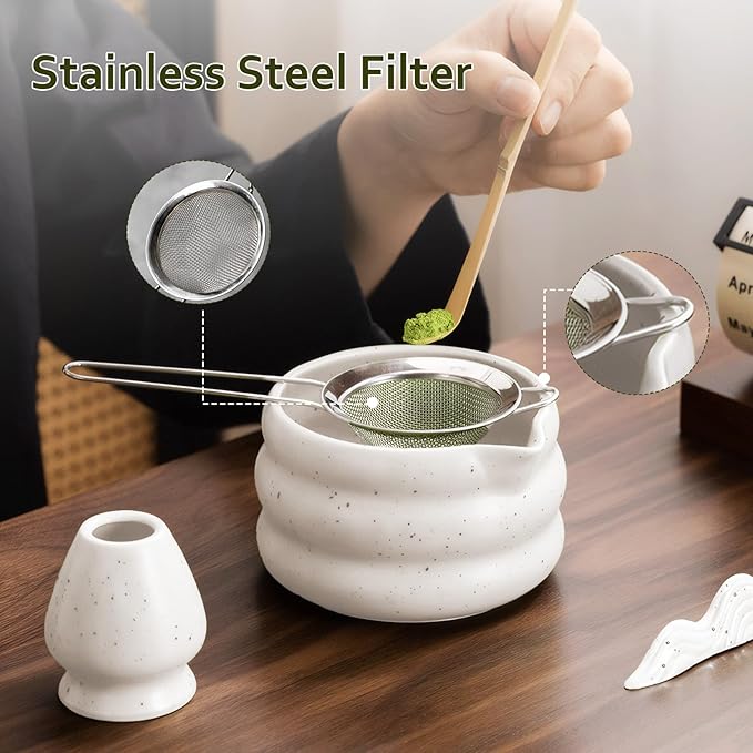 cjc 7-Pcs Matcha Whisk Set, Matcha Set for Beginner-18oz Ceramic Matcha Bowl with Spout, Bamboo Whisk and Holder, Scoop, Sifter ect.– Ceremony Matchas Powder Kit Complete Gift for Matcha Lover (White）