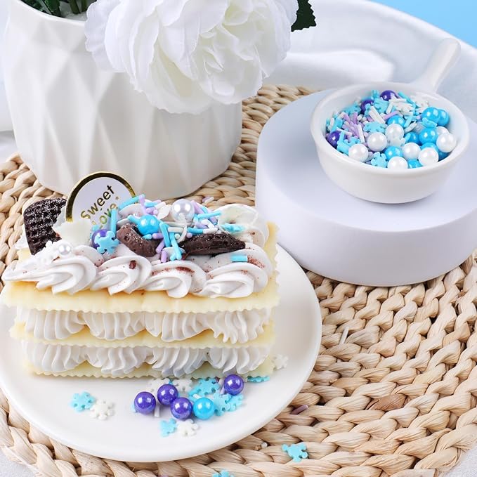 Winter Snowflake Sprinkles for Cake Decorating, Jimmies & Pearl Sugar Mix for Cupcakes, Cookies, Ice Cream & Holiday Desserts, Birthday Party Supllies