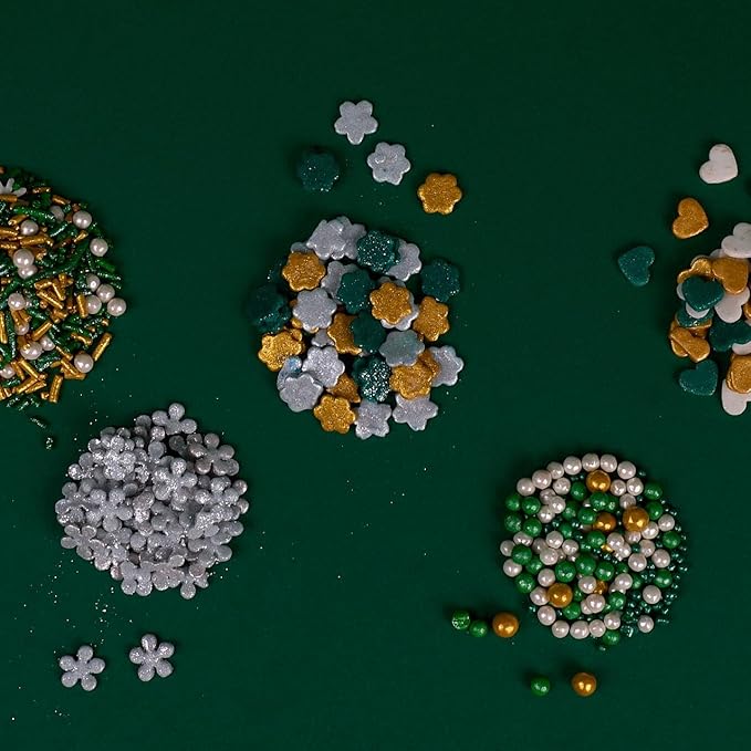 Confect Christmas Sprinkles | White, Grey, Gold & Holly Green Mix | Edible Pearl, Heart & Flower Shaped Sprinkles | Holiday Cake & Cupcake Decorations- 5 Oz