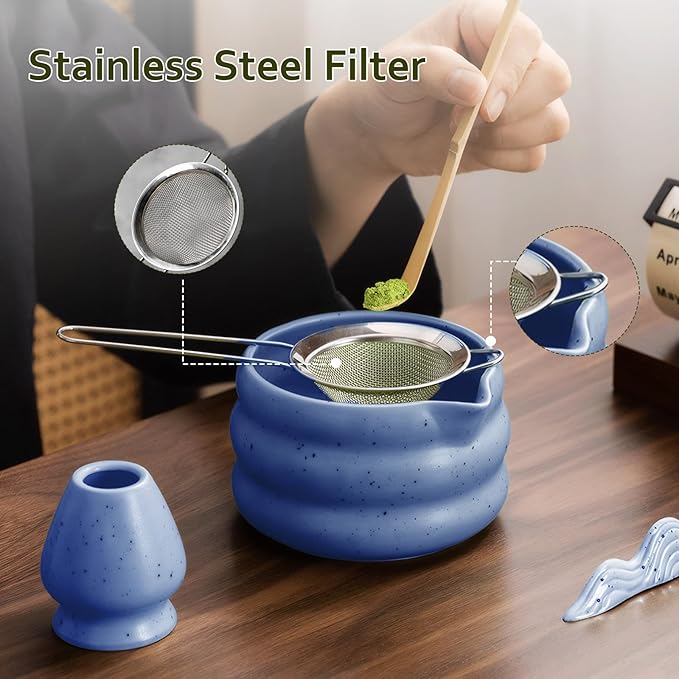 cjc 7-Pcs Matcha Whisk Set, Japanese Matcha Set: Ceramic Matcha Bowl with Spout, Bamboo Whisk & Holder, Spoon, Spoon Holder, Sifter, Tea Cloth –Complete Gift Set for Matcha Lover (Blue）