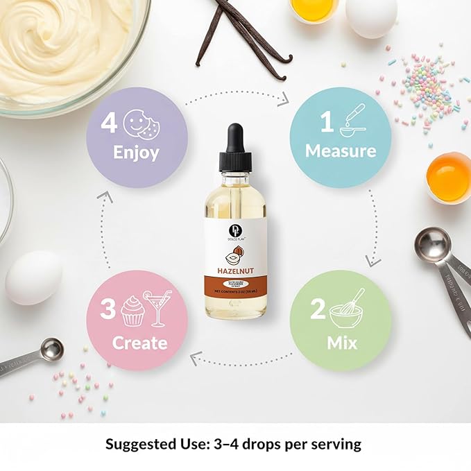 Dolce Flav Natural Hazelnut Extract – 2 Ounce Water-Soluble Kosher, Sugar-Free, Concentrated Toasted Hazelnut Flavoring for Coffee, Baking & Desserts, Includes Measured Dropper