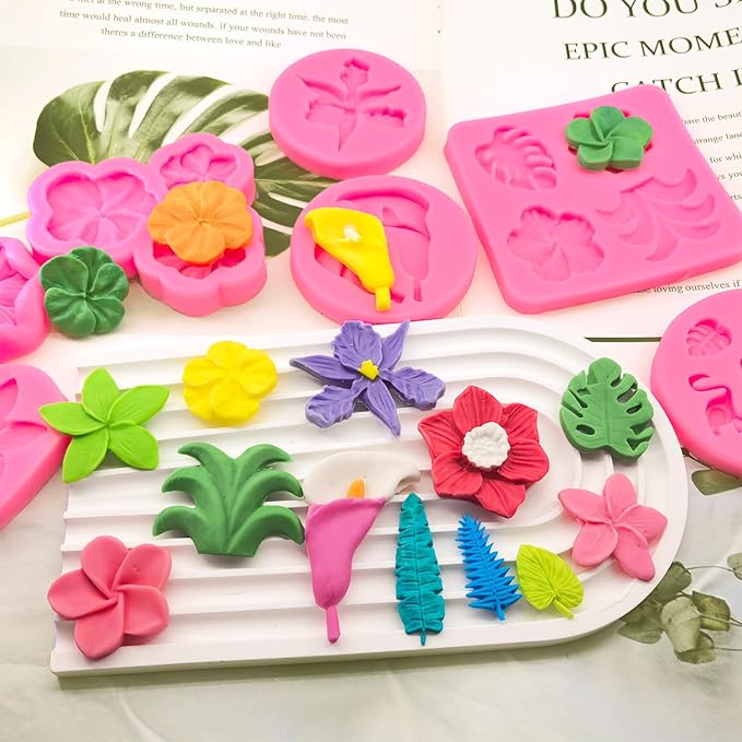8Pcs Tropical Flowers Leaves Mold, Flower Silicone Chocolate Mold Plumeria Hibiscus Flower Monstera Palm Leaves Fondant Molds for Chocolate Candy Gum Paste Hawaiian Party Baking Cakes Decorating