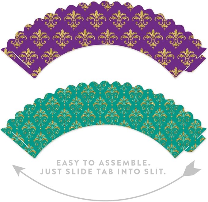 Andaz Press Party Cupcake Wrapper Decorations, Mardi Gras Themed Purple and Aqua Fleur De Lis, 24-Pack, Theme Colored Bulk Cake Supplies