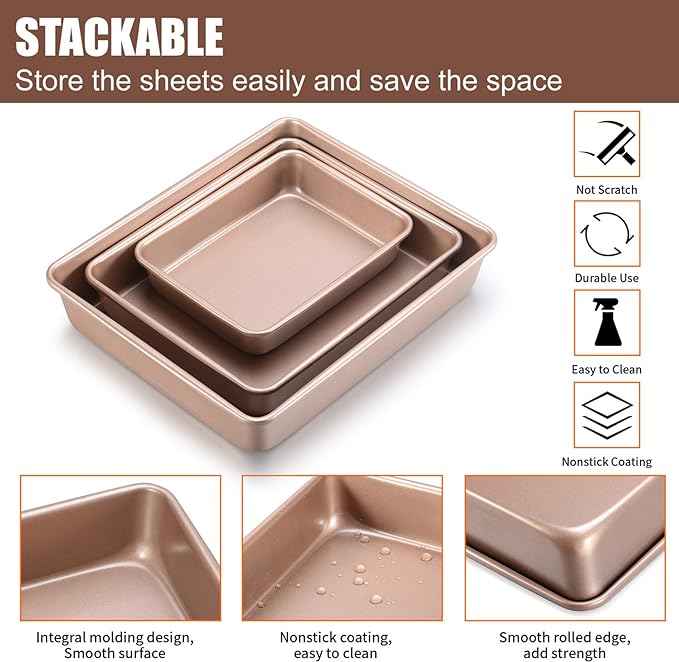 Deep Baking Pans Set Nonstick,Rectangle Cake Pan,Stackable Bakeware Set of 3,Oven Trays for Baking,Gold(9''/11''/13'')