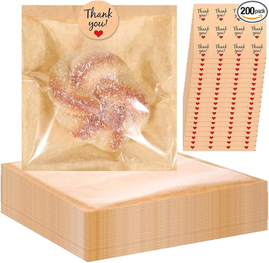 200 Pack Cookie Bags with Seal, Kraft Bags with Window 7.5x7.1", Heat Sealable & Grease Resistant Sandwich Bag, Cookie Packaging with Stickers, Pastry Bag for Treat, Donut, Cake Slice, Scone, Brownie