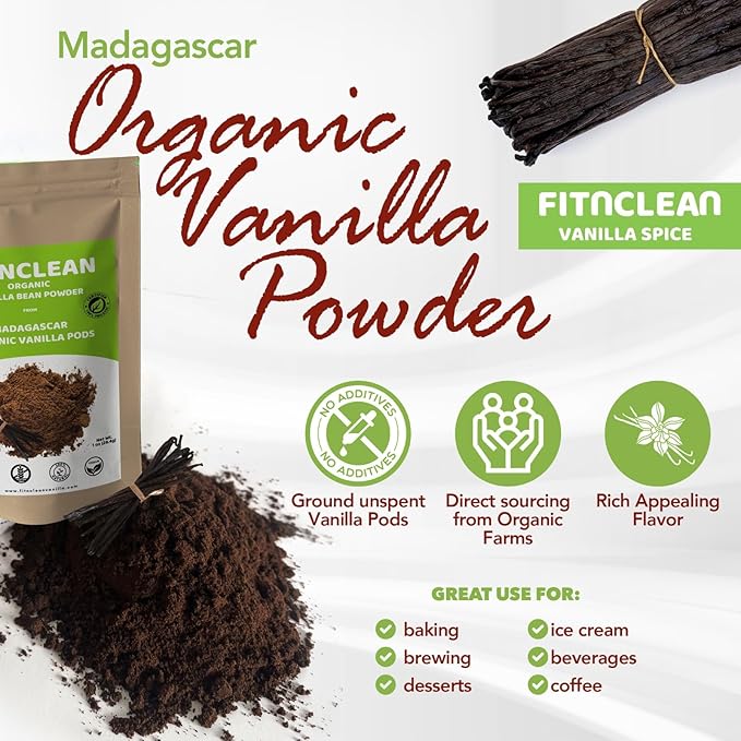 2oz Organic Madagascar Vanilla Bean Powder. Certified USDA Organic. Raw Natural Pure Unsweetened No Additives NON-GMO. Ground whole Gourmet Pods by FITNCLEAN VANILLA