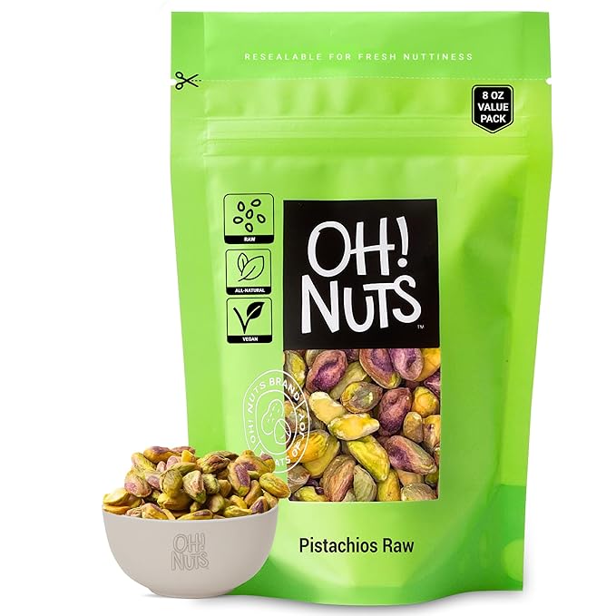 Oh! Nuts Raw Whole California Pistachios No Shell 8 oz, Fresh Shell-Less California Pistachios Bulk Bag - Healthy Snacking Large Nuts for Paleo, Keto, Vegan & Plant-Based Diet