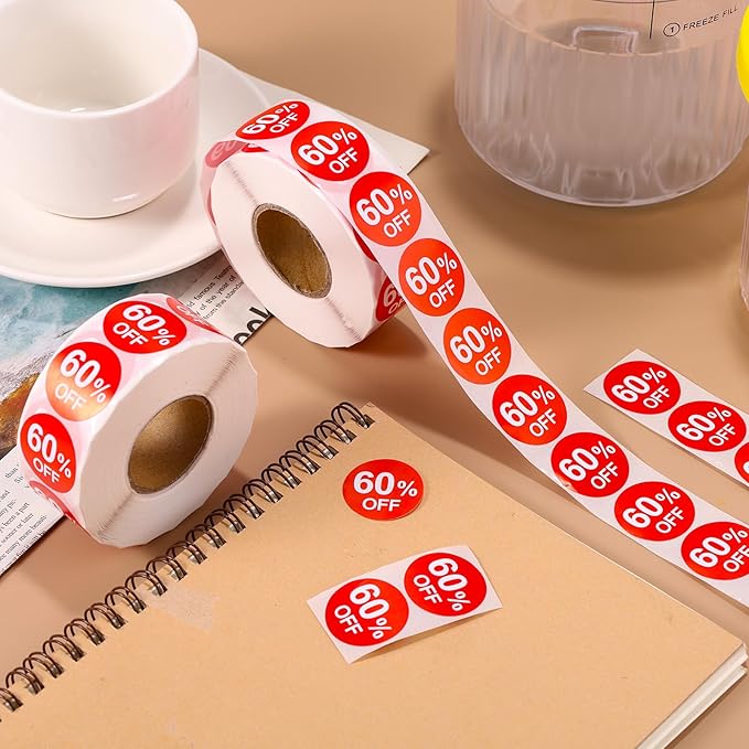 2 Rolls Discount Stickers, 1in Round Promotion Labels Self Adhesive Price Markers Signs Sales Reduced Tags for Retail Stores Supermarkets Shops Garage (Red)