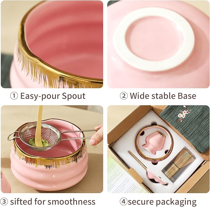 7-Piece Matcha Set: Matcha Bowl + Bamboo Whisk Kit, Ceremonial Matcha Whisk Tools with Golden Texture Details, Japanese Tea Ceremony Starter Kit, Unique Matcha Gift (pink)