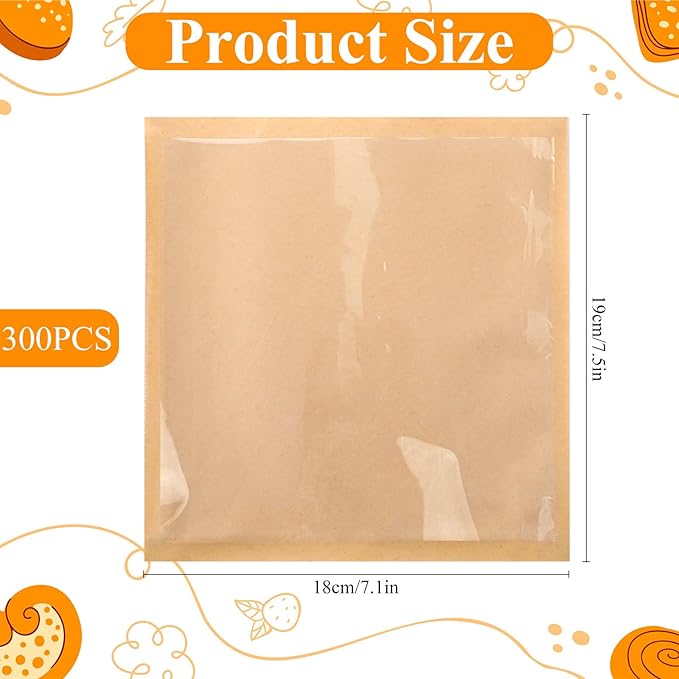 300 Pack Heat-Sealable Cookie Bags with Window, Clear Front Brown Paper Treat Bags, Grease-Resistant Bakery Pastry Bag for Bagel, Cake Slice, Sandwich, Donut, Pastry, Treat, Snack