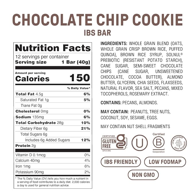 Fody Foods IBS Snack Bars, Chocolate Chip Cookie, 1.41 Oz (Pack of 12), 6g Prebiotic Fiber, Low FODMAP, Gut & IBS Friendly, Lactose Free, Non-GMO, Gluten Free
