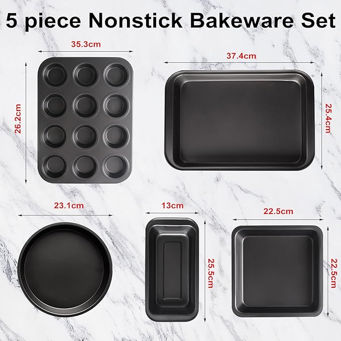 5-Piece Kitchen Non-Stick Baking Pan Set, Including Round/Square Cake Pan, Muffin Pan, Bread Pan, Baking Pan, and Baking Sheet, Durable and Scratch-Resistant Baking Set, Black