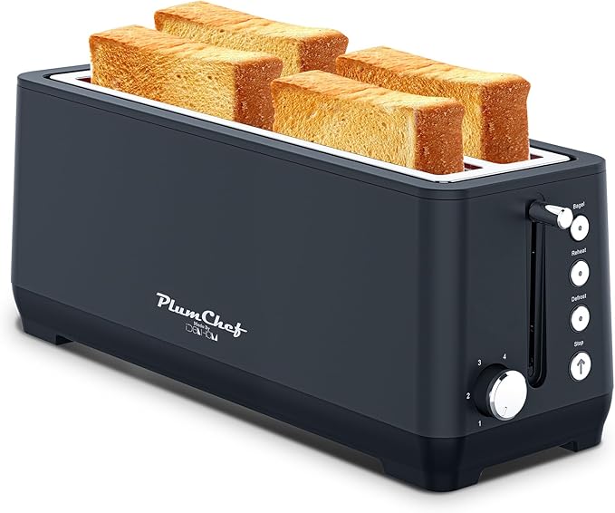 4-Slice Toaster, Extra Wide Long Slot Toaster, 6 Browning Settings, Bagel/Defrost/Reheat Functions, Removable Crumb Tray, Stainless Steel Housing (Matte Black)