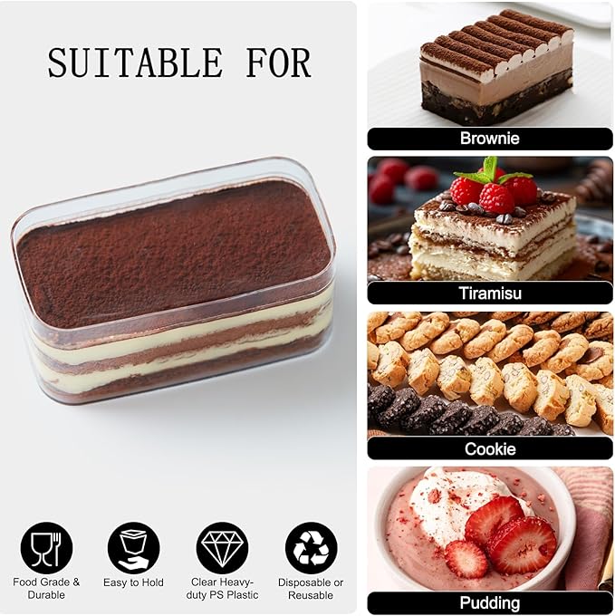 Plastic Rectangle Dessert Cups Boxes with Lids and Sporks,packaging for baked,Cookie Tiramisu Containers for Fruit,Pudding,Mousse,Parfait Cups With Lids(20, Rect 4.6 * 2.4 * 2 IN-Boxes)
