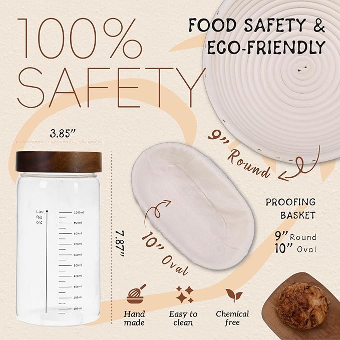 Sourdough Starter Kit,40oz Sourdough Starter Jar with sealed Lid,2 Banneton Bread Proofing Baskets (9”Round & 10”Oval),Bread Making Supplies Tools,Complete Sourdough Bread Baking Supplies