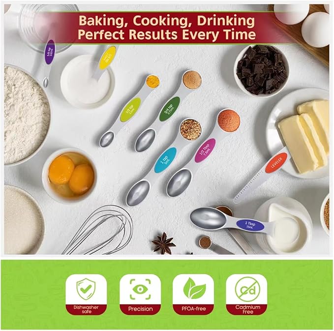 Magnetic Measuring Spoons Set Of 8, Heavy Duty 304 Stainless Steel Metal, Fits in Most Kitchen Spice Jars for Baking & Cooking, BPA Free,Measuring Dry & Liquid Ingredients (Light Colorful)