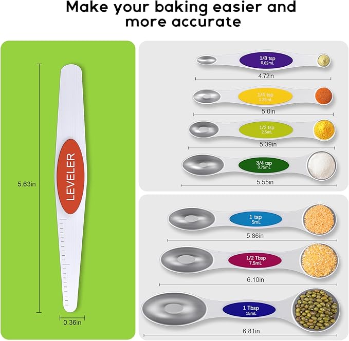 Premium Magnetic Measuring Spoons Set|Strong N52 Magnets|Heavy Duty Stainless Steel|Dual-Sided for Spice Jar & Liquid Measuring|Dishwasher Safe|7 Spoons with Leveler for Baking & Cooking (Colorful)