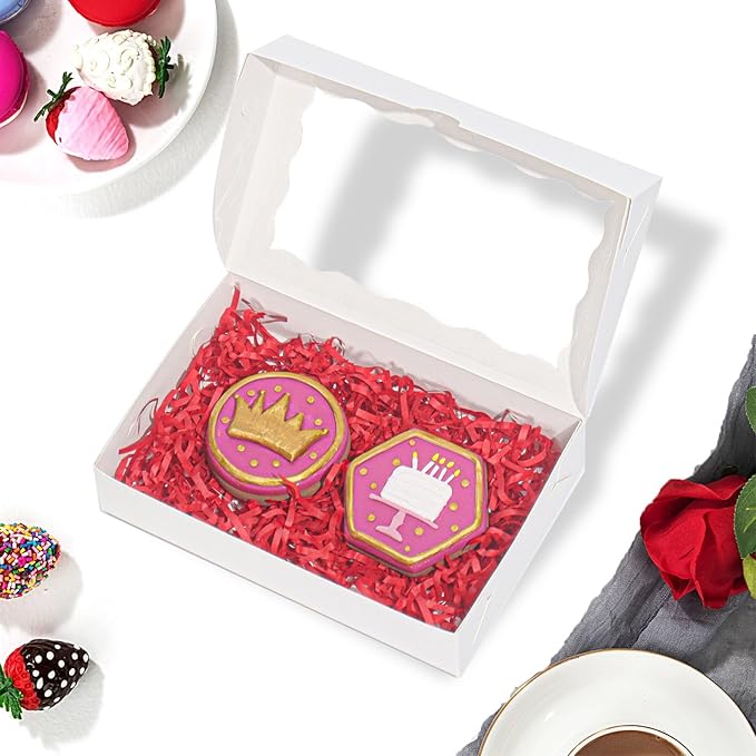 RomanticBaking 100 Pack White 7 x 4 3/8 x 1 1/2inches Cookies Boxes with Window Christmas Bakery Packaging for Macaron Treat Boxes Chocolate Truffle