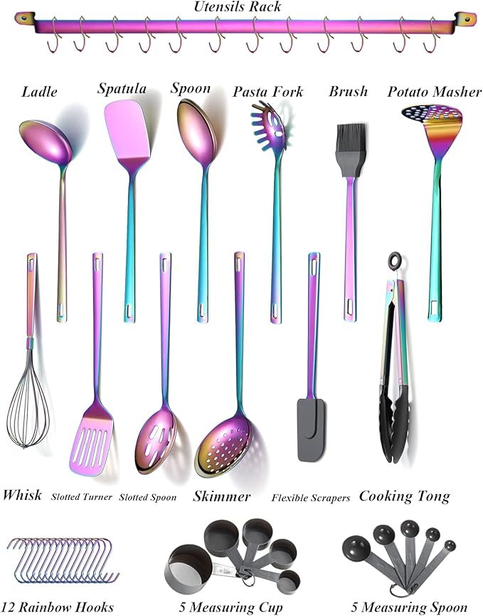 Rainbow Cooking Utensils Set, Kyraton Stainless Steel 37 Pieces Kitchen Utensils Set with Titanium Colorful Plating, Kitchen Tool Gadgets Set with Utensil Rack Heat Resistant Dishwasher Safe