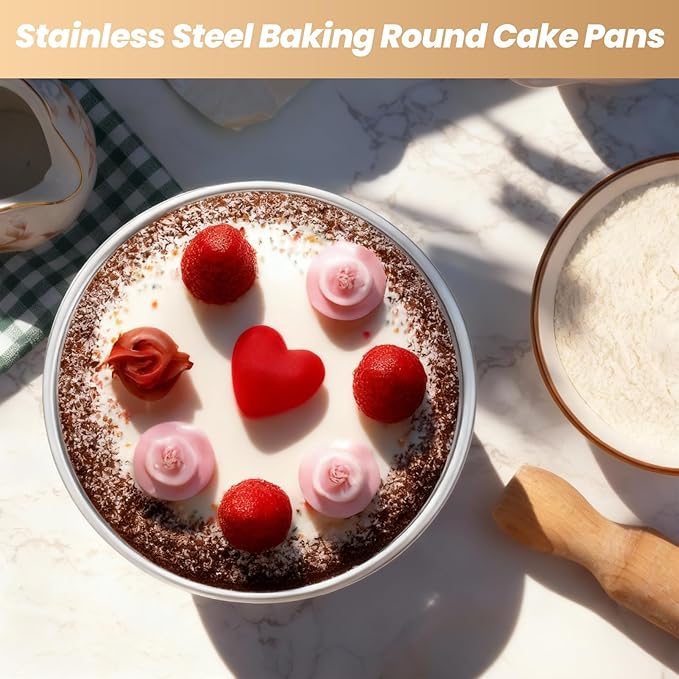 3 Pcs Round Cake Pans, 8 inch Stainless Steel Baking Pans for Birthday,Wedding,Party, Mirror Finish & Dishwasher Safe