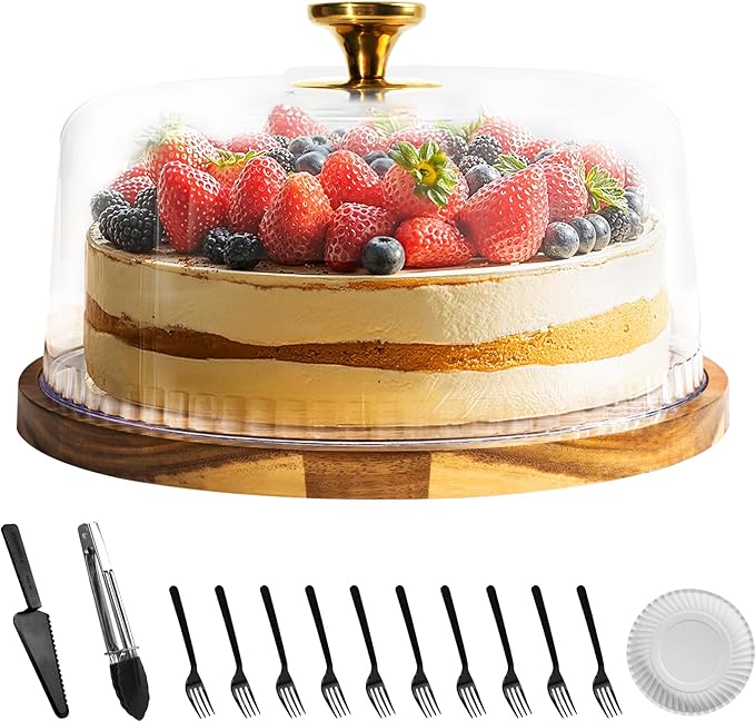 Cake Stand, 12" Wood Cake Holder with Dome, Dessert Stand with Acrylic Lid Cover, Appetizer Dessert Cheese Serving Platter for Parties, Birthday, Weddings