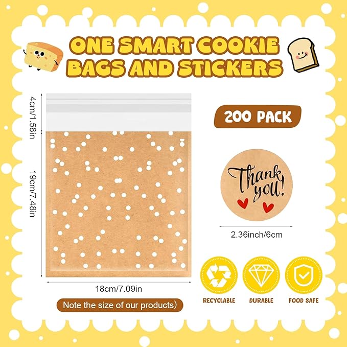 Self Adhesive Cookie Bags Cellophane Polka Dot Treat Bags Small Plastic with Thank You Stickers for Party Gift Giving Bakery Biscuit Candy Pastry(7.1 x 7.5 Inch,Small Dot,100 Pcs)