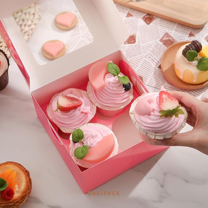 25 Pink Cupcake Boxes, 4 Count Cupcake Containers with Window and Inserts, 6.3×6.3×3 Inches Cupcake Holders for Cupcakes, Muffins, Cookies, Desserts, Pastries