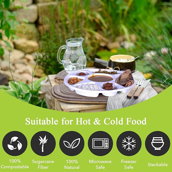 three leaf 7 COMPARTMENT BAGASSE ROUND PLATE, 50 Ct. Heavy-Duty- Super Strong- Natural- Eco-Friendly Disposable Bagasse Plates, 100% Biodegradable 7 compartment plates
