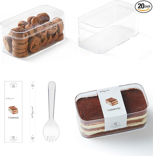 Plastic Rectangle Dessert Cups Boxes with Lids and Sporks,packaging for baked,Cookie Tiramisu Containers for Fruit,Pudding,Mousse,Parfait Cups With Lids(20, Rect 4.6*2.4*2 IN-Boxes+Sporks+stickers)