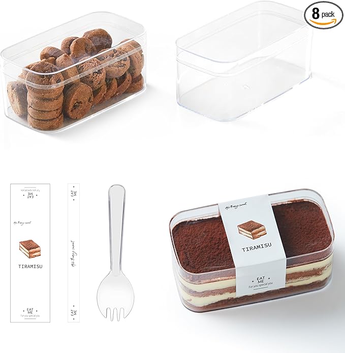Plastic Rectangle Dessert Cups Boxes with Lids and Sporks,packaging for baked,Cookie Tiramisu Containers for Fruit,Pudding,Mousse,Parfait Cups With Lids(8, Rect 4.6*2.4*2 IN-Boxes+Sporks+stickers)
