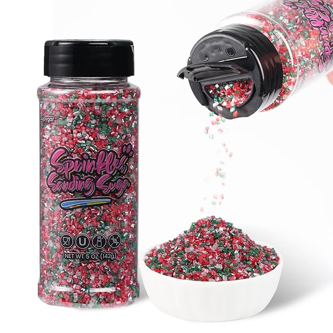 Sujoygar Christmas Sanding Sugar Sprinkles, 5oz Edible Sugar Crystals for Cocktails, Red Green and White Cake Sprinkles for Chocolate Ice Cream Toppings Cupcake Decoration Christmas Party Cookies Baking Dessert Food Supplies