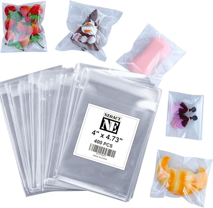 NEOACT 400 Pcs 4"x4.73" Clear Resealable Cellophane Bags Good for Bakery, Candle, Soap, Cookie Poly Bags
