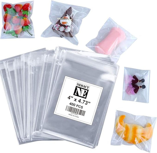 NEOACT 400 Pcs 4"x4.73" Clear Resealable Cellophane Bags Good for Bakery, Candle, Soap, Cookie Poly Bags